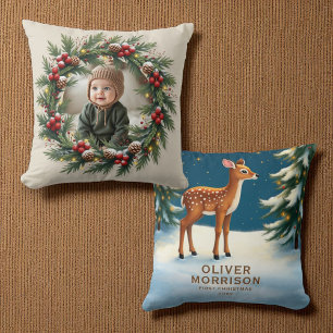 Coussin Biche de premier Noël personnalisée en forêt 