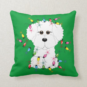 Coussin Bichon Frise avec le carreau de lumières de Noël