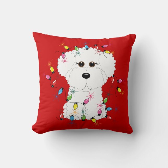 Coussin Bichon Frise avec le carreau de lumières de Noël (Recto)