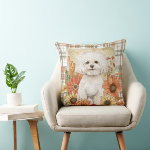 Coussin Bichon Frise Chien Automne Aquarelle Fleurs