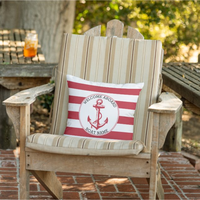 Coussin Bienvenue à bord - ⚓ Ancre nautique - Rouge foncé (Chaise)