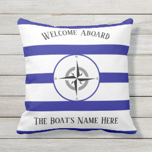 Coussin Bienvenue à bord des bateaux blancs Nom Bleu Stri