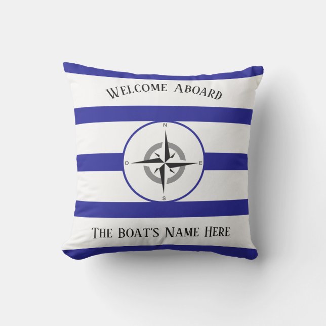 Coussin Bienvenue à bord des bateaux blancs Nom Bleu Strip (Recto)