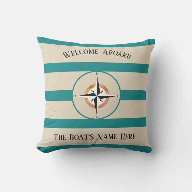 Coussin Bienvenue à bord des bateaux Nom Turquoise des ban (Recto)