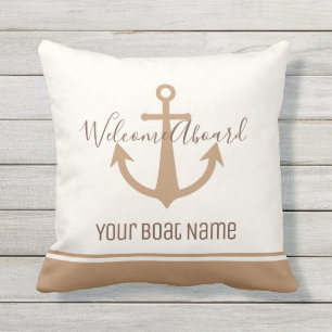 Coussin Bienvenue à bord Nom de bateau Crème Ancre nautiqu