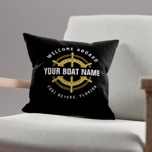 Coussin Bienvenue à bord Nom de bateau nautique Noir & Or