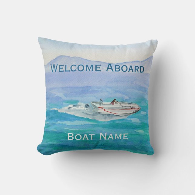 Coussin Bienvenue à bord Nom du bateau Aquarelle nautique (Recto)