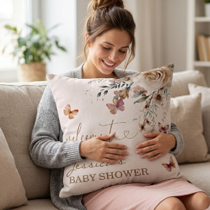 Coussin Bienvenue à la Baby Shower de Jessica, Papillon Fl