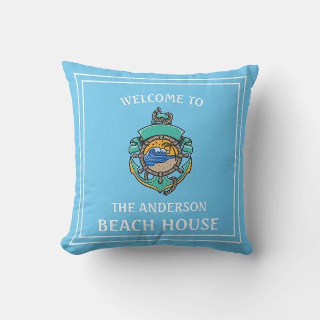 Coussin Bienvenue À N'Importe Quel Nom Beach House Sky Blu (Recto)