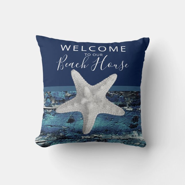 Coussin  Bienvenue à notre Beach House Rustic Nautical Nav (Recto)