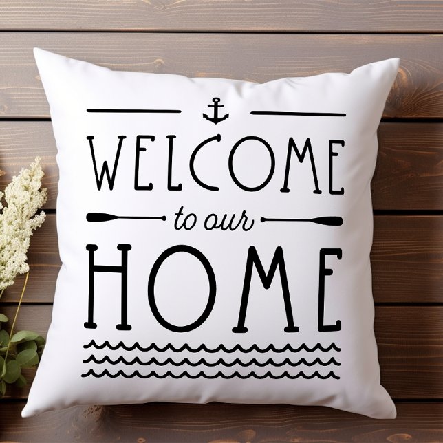 Coussin Bienvenue à notre maison de lac Nautical (Créateur téléchargé)