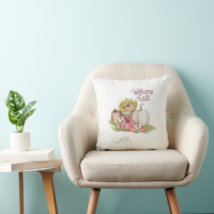 Coussin Bienvenue Fleurs Citrouilles Automne
