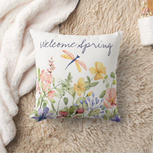 Coussin Bienvenue Printemps avec Fleurs sauvages et libell