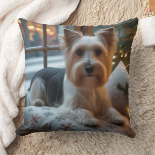Coussin Biewer Terrier avec lumières de Noël vacances