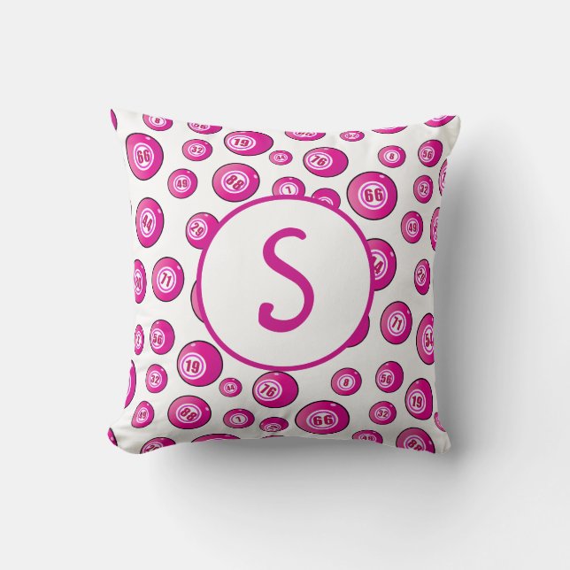 Coussin Bingo Lover Monogramme Bingo Balls Rose Blanc (Recto)