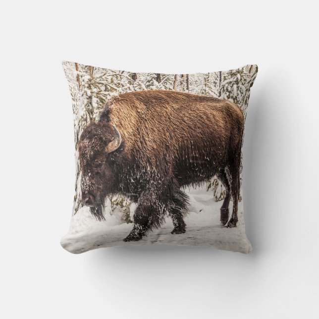 Coussin Bison effrayant (bison de bison) - Buffle - Neige (Recto)
