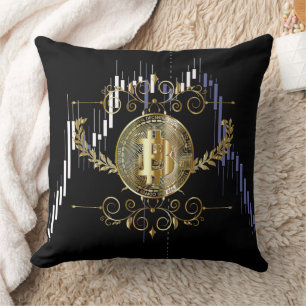 Coussin Bitcoin Gold Coin argent numérique noir