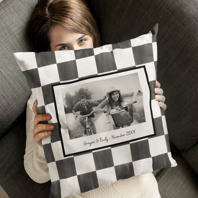 Coussin Black and White Check Personalized Photo (Créateur téléchargé)