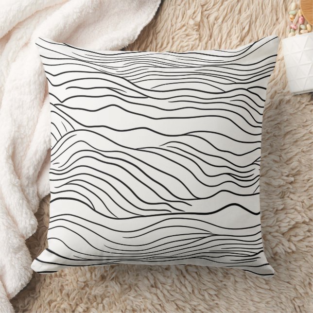 Coussin Black and White Hand-Drawn Wavy Line Pattern (Couverture)