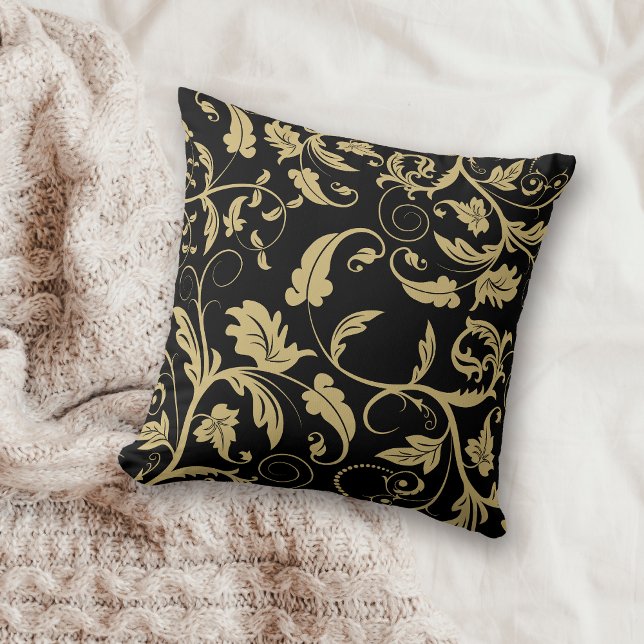 Coussin Black Antique Gold Retro Leaf Swirl (Créateur téléchargé)