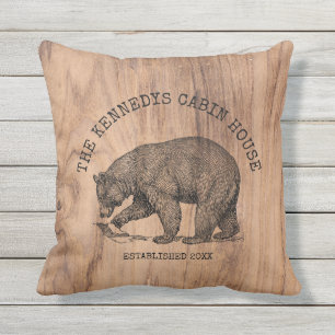 Coussin Black Bear Rustic Wood Nom de famille Cabine chale