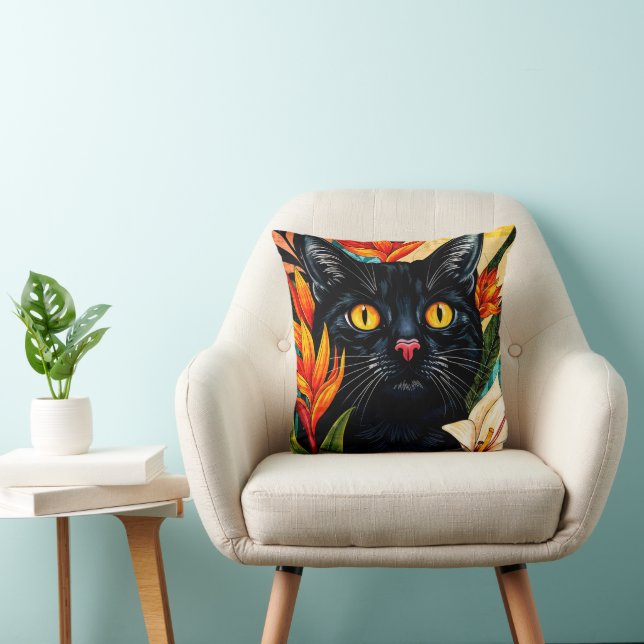 Coussin Black Cat Surrounded With Flowers Pillow (Chaise)