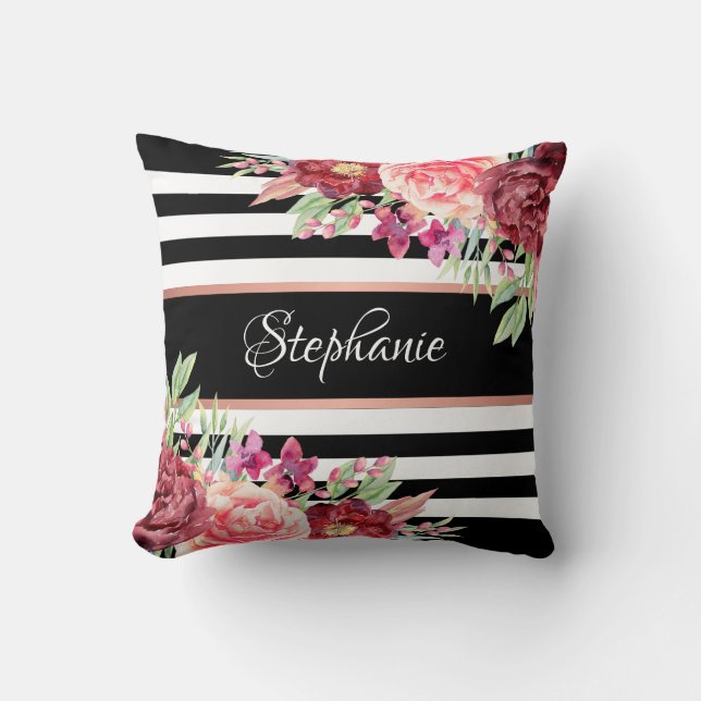Coussin Black Stripes Bourgogne Floral Personnalisé (Recto)