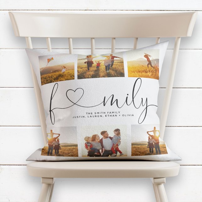 Coussin Black & White Heart Script 6 Photo Family Collage (Créateur téléchargé)