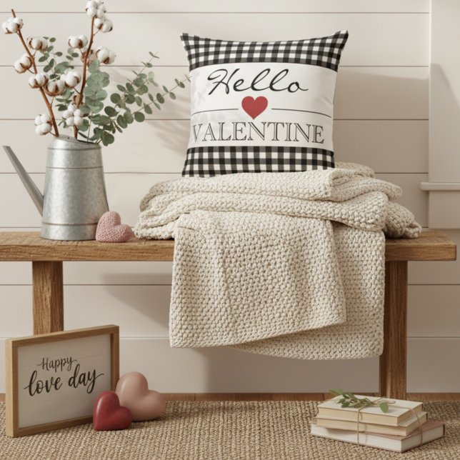 Coussin Black & White Hello Valentine Plaid Gingham (Créateur téléchargé)