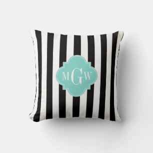 Coussin Black White Stripe Turquoise Quatrefoil