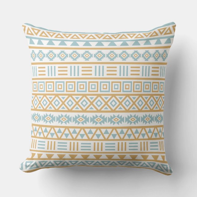 Coussin Blanc bleu d'or de motif aztèque d'influence (Recto)