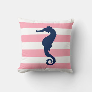 Coussin Blanc Bleu & Rose Large Stripes Motif Seahorse