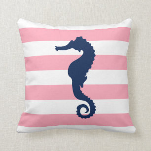 Coussin Blanc Bleu & Rose Large Stripes Motif Seahorse