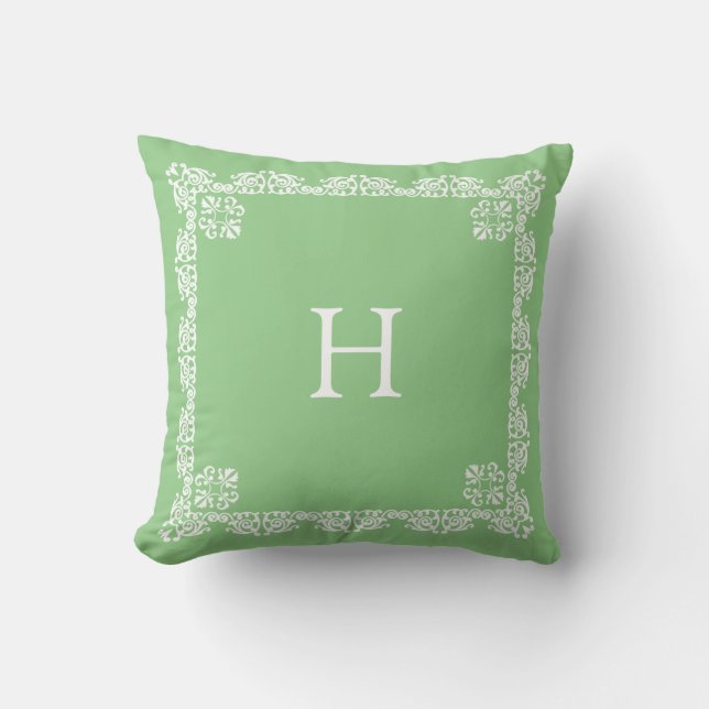 Coussin Blanc Chic Lace Vector & Monogram sur fond vert cl (Recto)