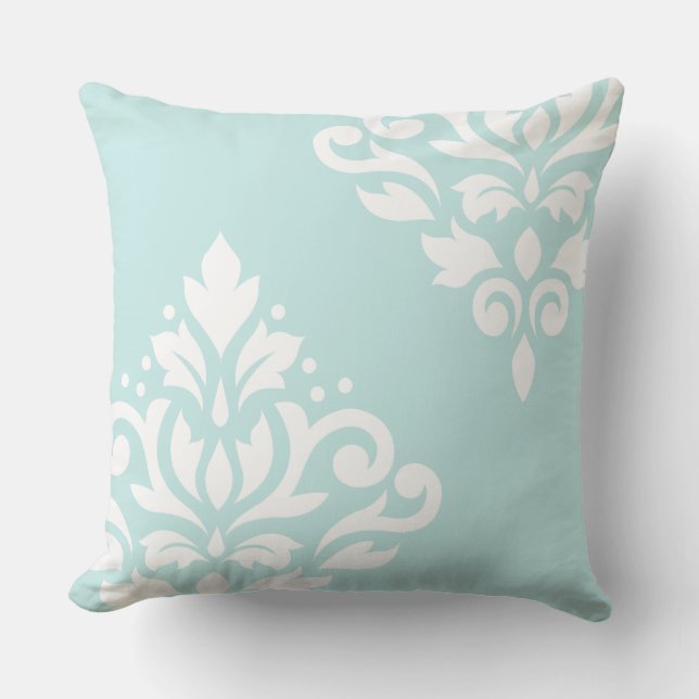 Coussin Blanc de l'art I de damassé de rouleau sur le bleu (Recto)