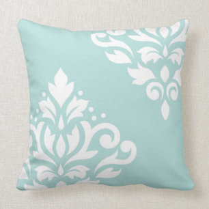 Coussin Blanc de l'art I de damassé de rouleau sur Teal