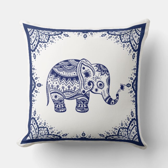 Coussin Blanc et bleu foncé Paisley & Eléphant (Recto)