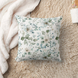 Coussin Blanc floral vert Eucalyptus Verdure Aquarelle