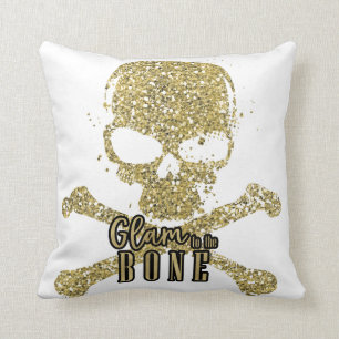 Coussin Blanc Glam jusqu'à l'os Crâne Paillettes d'Or