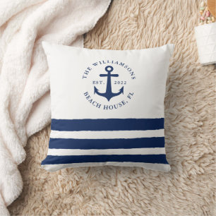 Coussin Blanc Marine Bleu Stripes Famille Monogramme Nauti