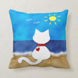 Coussin blanc mignon de thème de plage d'océan