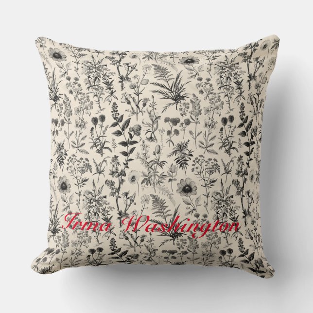 Coussin Blanc noir antique vieux botanique 3 (Recto)