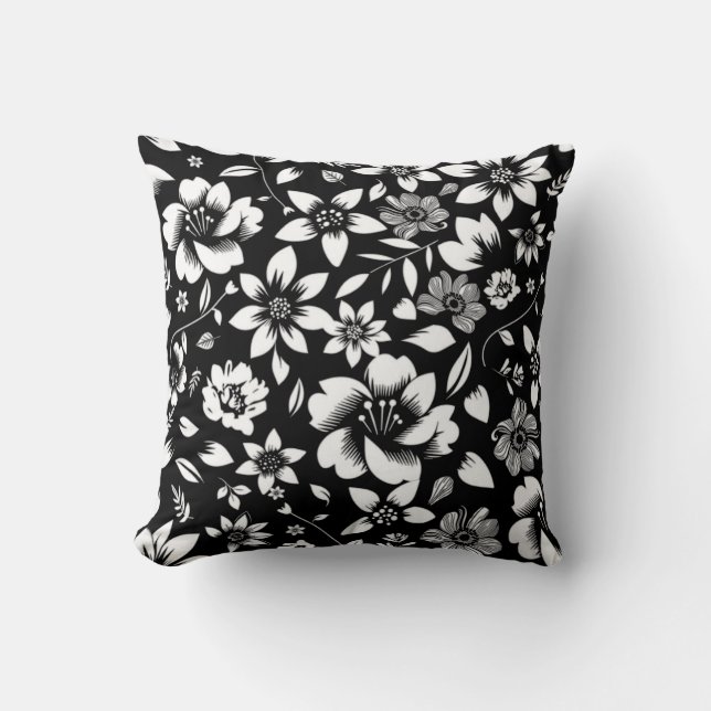Coussin Blanc noir Feuilles floraux modernes soufflant (Recto)