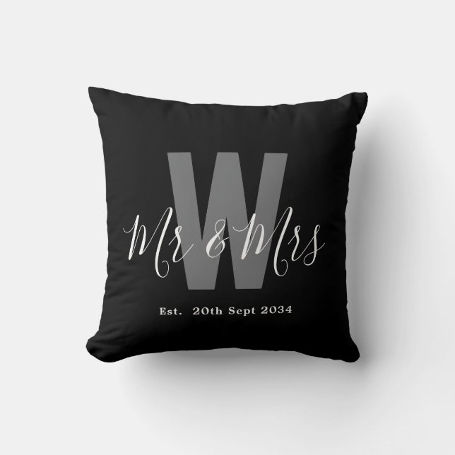 Coussin Blanc noir moderne M. Mme Monogram Date (Recto)