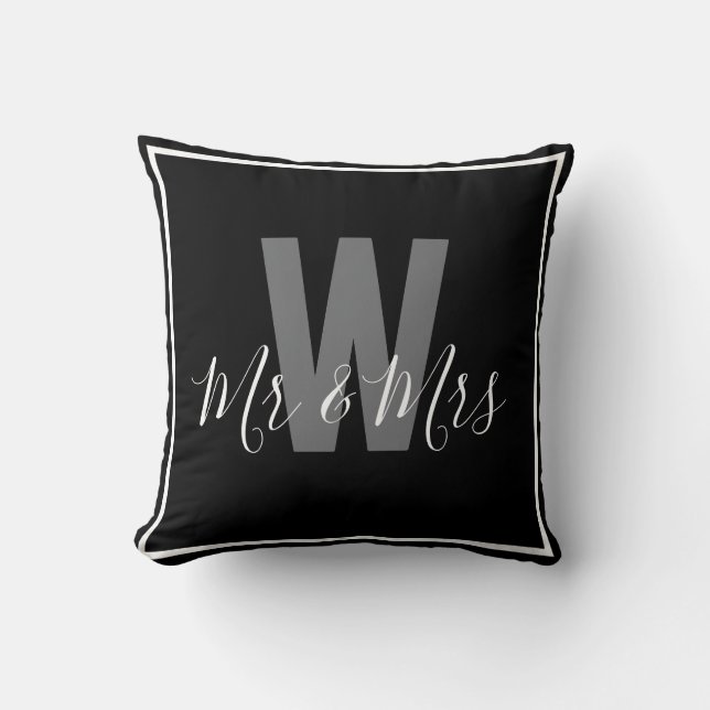 Coussin Blanc noir moderne M. Mme Monogram Frontière (Recto)