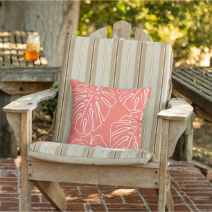 Coussin Blanc Tropical Leaf Motif Sur Coral Rouge Orange