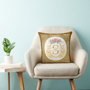 Coussin Blason de mariage floral élégant, cadre en or vint