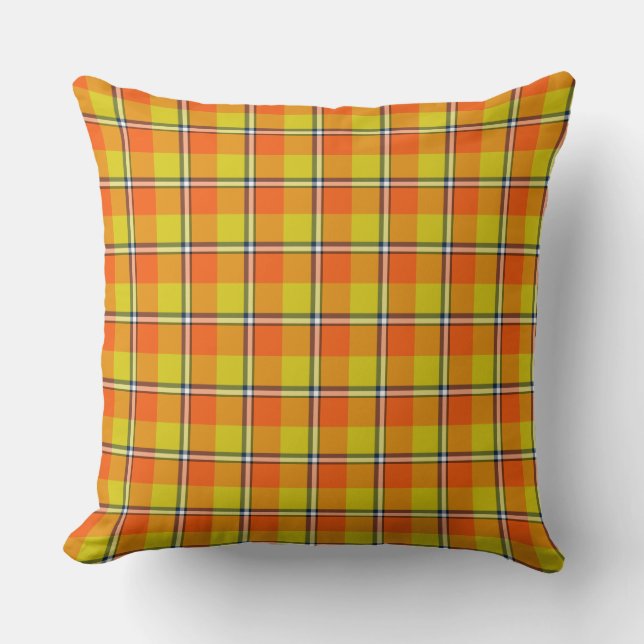 Coussin Blaze Orange and Bird Flower Plaid (Recto)