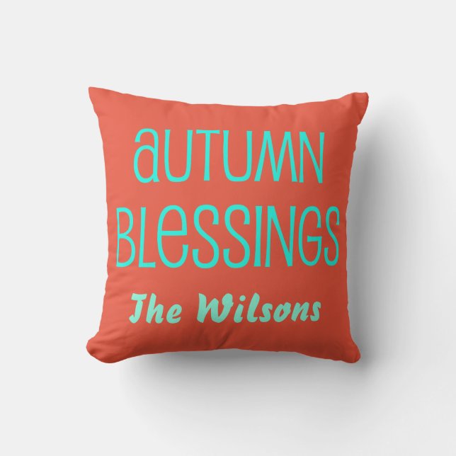 Coussin Blessures d'automne rouge orange et bleu clair (Recto)