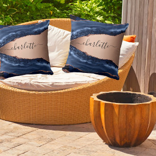 Coussin Bleu agate marbre rose or nom script